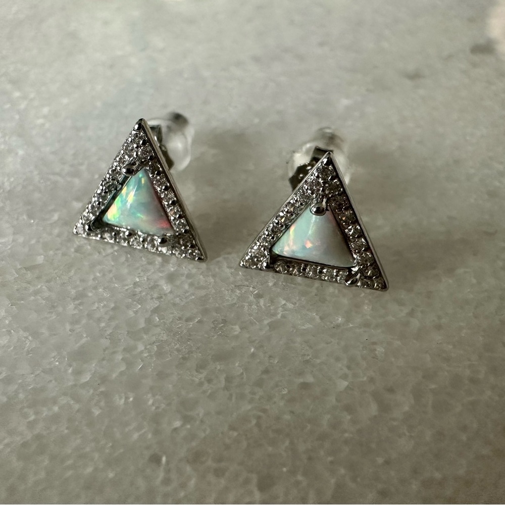 Modern Opal Triangular Sterling Silver Stud Earrings - Picture 6 of 7